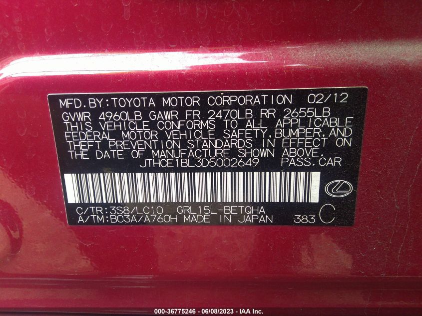 2013 LEXUS GS 350 - JTHCE1BL3D5002649