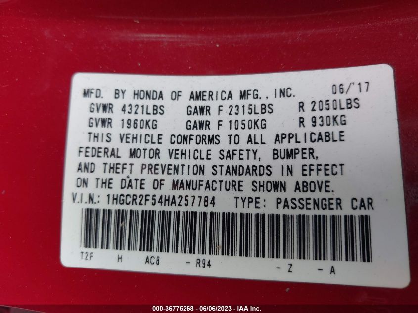 2017 HONDA ACCORD SEDAN SPORT - 1HGCR2F54HA257784