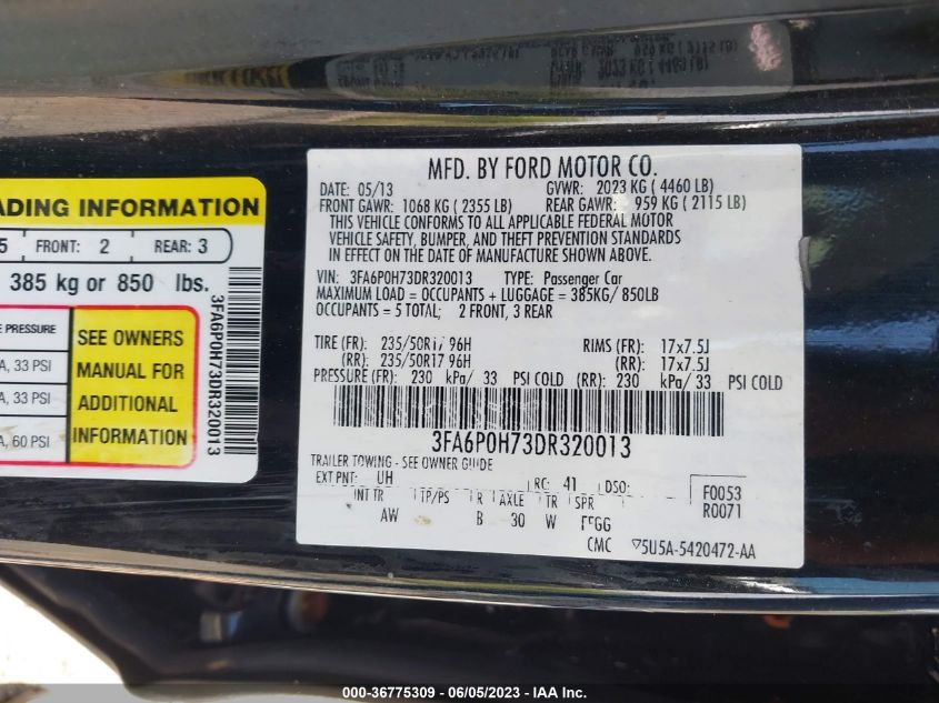 2013 FORD FUSION SE - 3FA6P0H73DR320013