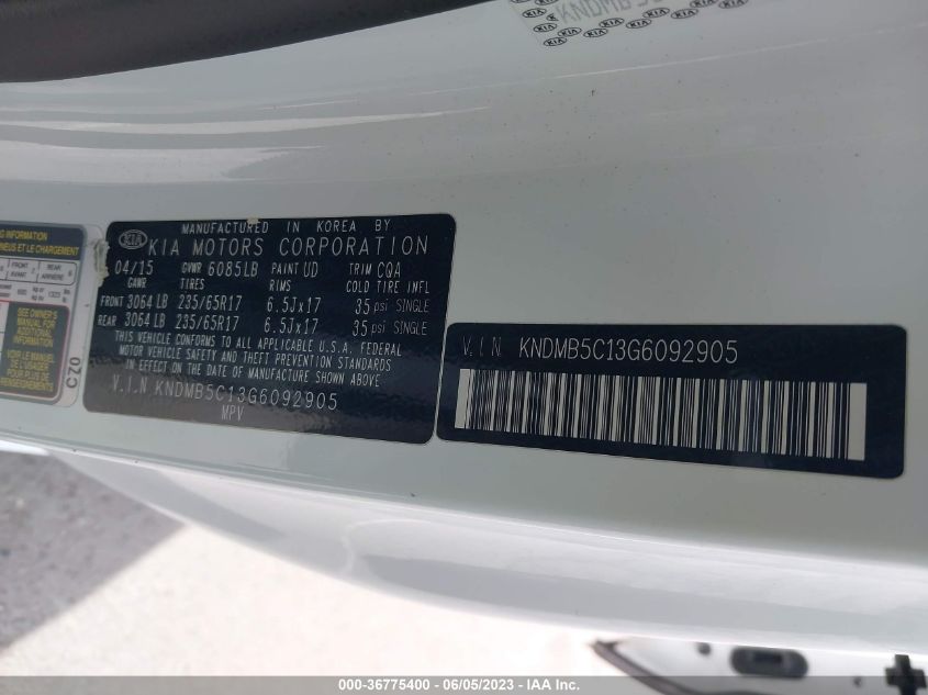 2016 KIA SEDONA LX - KNDMB5C13G6092905