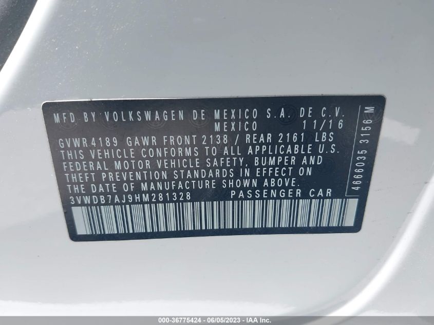 2017 VOLKSWAGEN JETTA SE - 3VWDB7AJ9HM281328