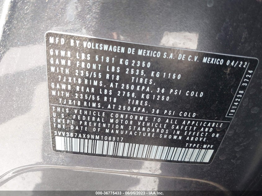 VIN 3VV3B7AX9NM106917 2022 VOLKSWAGEN TIGUAN SE