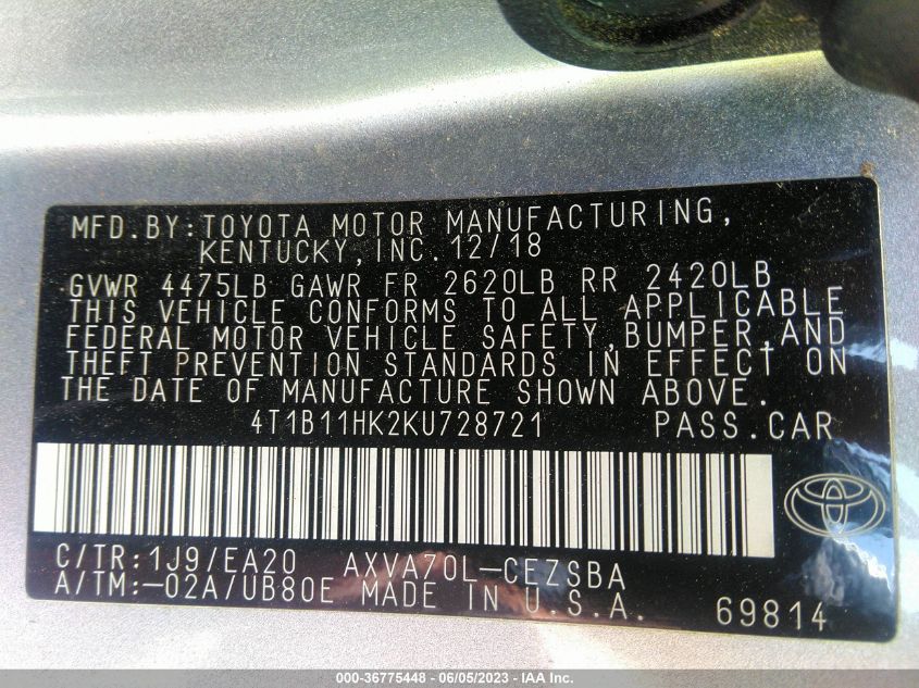 2019 TOYOTA CAMRY LE/SE/XLE/L - 4T1B11HK2KU728721