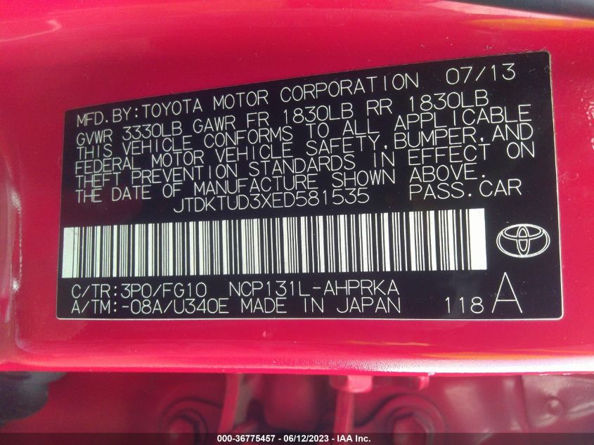 2014 TOYOTA YARIS LE - JTDKTUD3XED581535