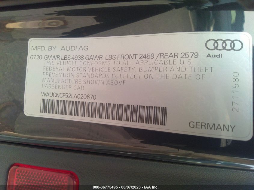 2020 AUDI A5 SPORTBACK PREMIUM PLUS - WAUCNCF52LA020670