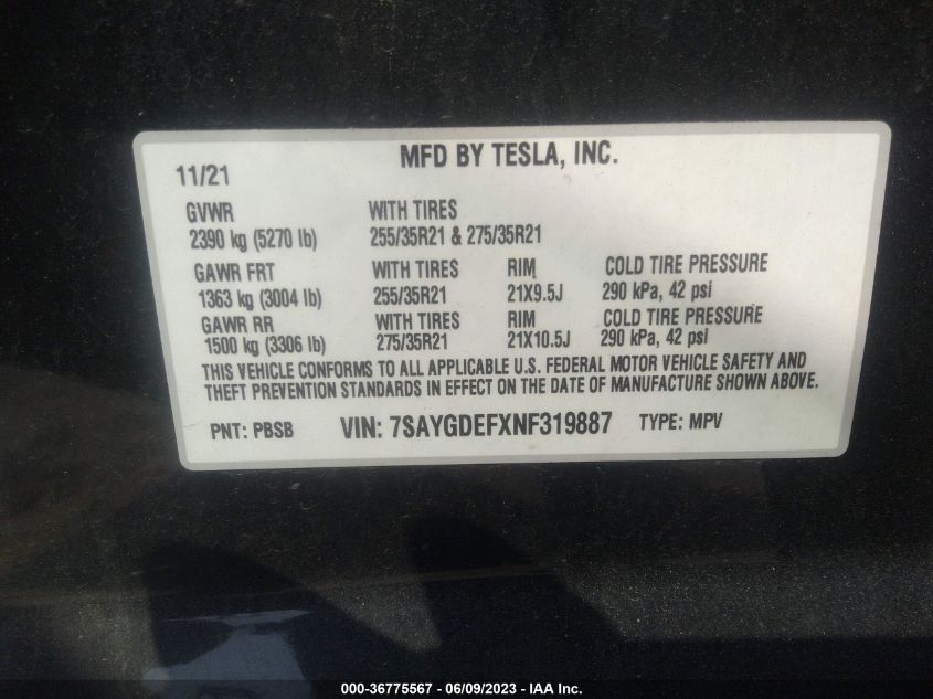 2022 TESLA MODEL Y PERFORMANCE - 7SAYGDEFXNF319887