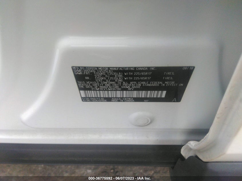 VIN 2T3WFREV1JW494190 2018 TOYOTA RAV4 ADVENTURE/XLE