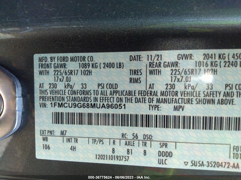 2021 FORD ESCAPE SE - 1FMCU9G68MUA96051