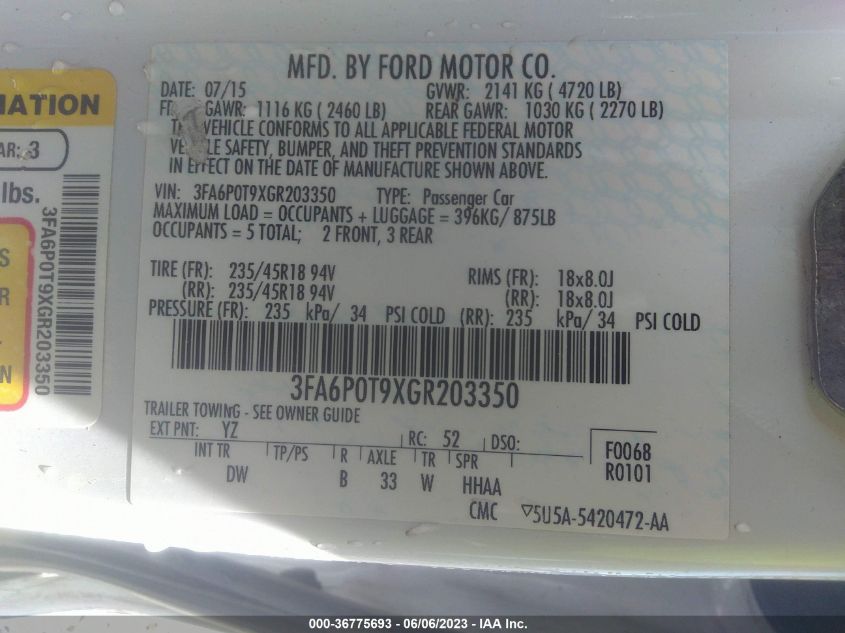 2016 FORD FUSION SE - 3FA6P0T9XGR203350