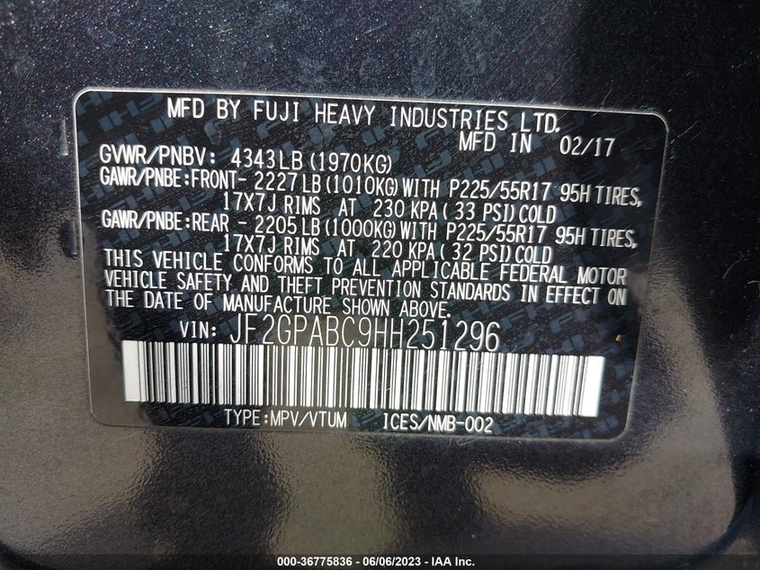 VIN JF2GPABC9HH251296 2017 SUBARU CROSSTREK PREMIUM