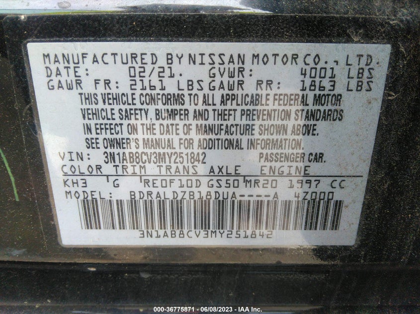 VIN 3N1AB8CV3MY251842 2021 NISSAN SENTRA SV