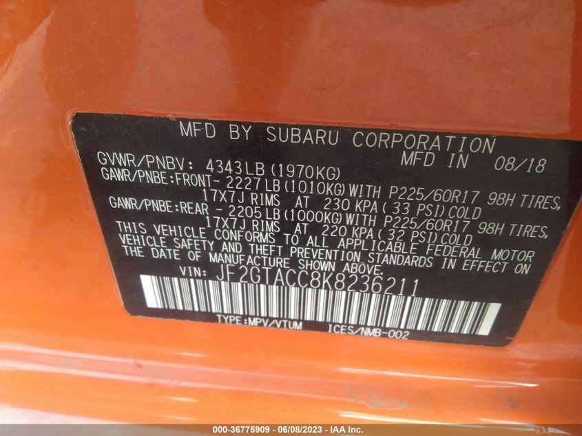 2019 SUBARU CROSSTREK PREMIUM - JF2GTACC8K8236211