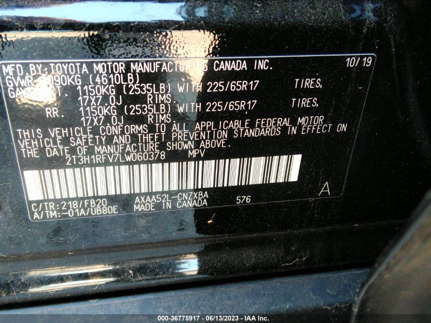 2020 TOYOTA RAV4 LE - 2T3H1RFV7LW060378