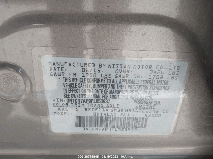 2015 NISSAN VERSA S PLUS - 3N1CN7AP9FL953937