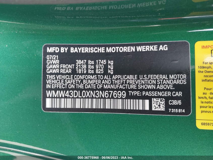 2022 MINI CONVERTIBLE COOPER S WMW43DL0XN3N67699