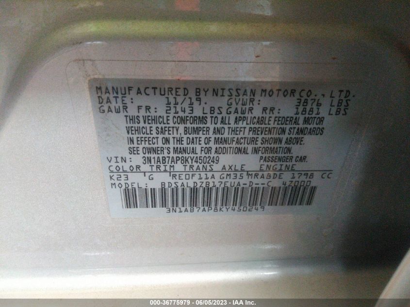 2019 NISSAN SENTRA S/SV/SR/SL - 3N1AB7AP8KY450249