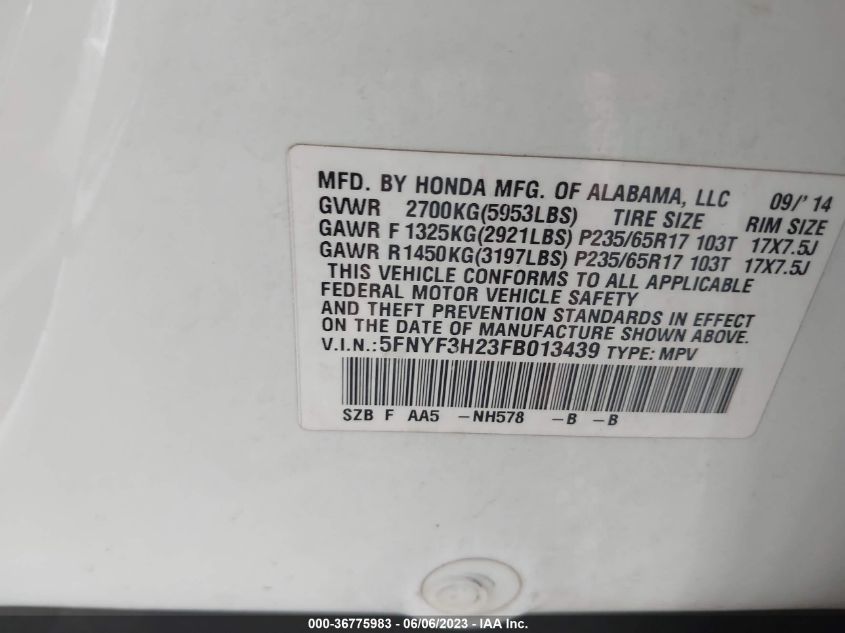 2015 HONDA PILOT LX - 5FNYF3H23FB013439