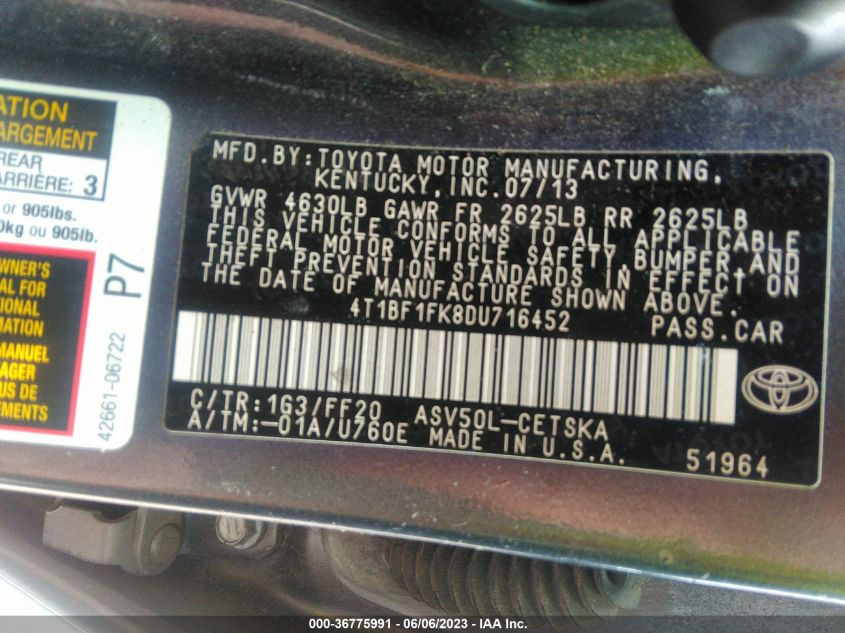 2013 TOYOTA CAMRY L/LE/SE/XLE - 4T1BF1FK8DU716452