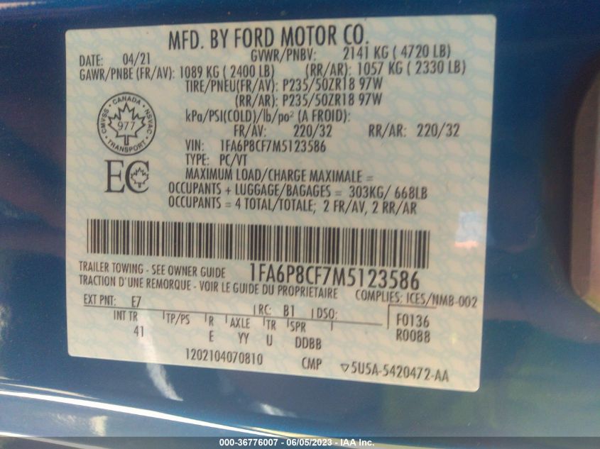 2021 FORD MUSTANG GT - 1FA6P8CF7M5123586