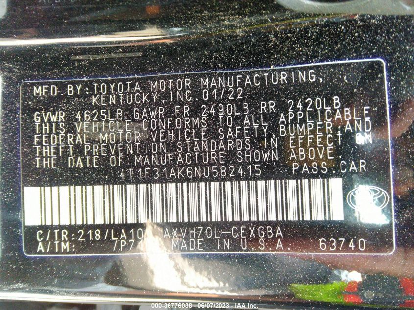 2022 TOYOTA CAMRY HYBRID XLE - 4T1F31AK6NU582415