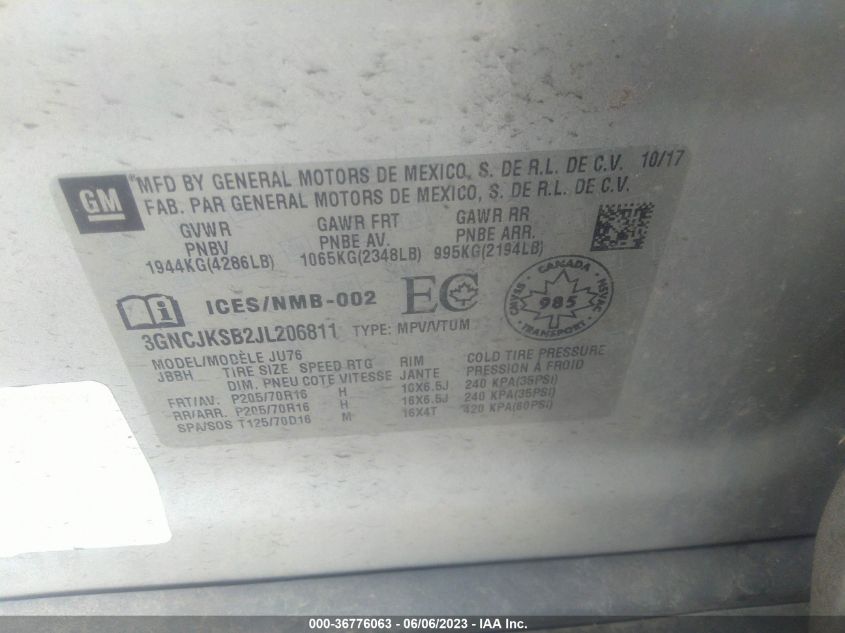 2018 CHEVROLET TRAX LS - 3GNCJKSB2JL206811