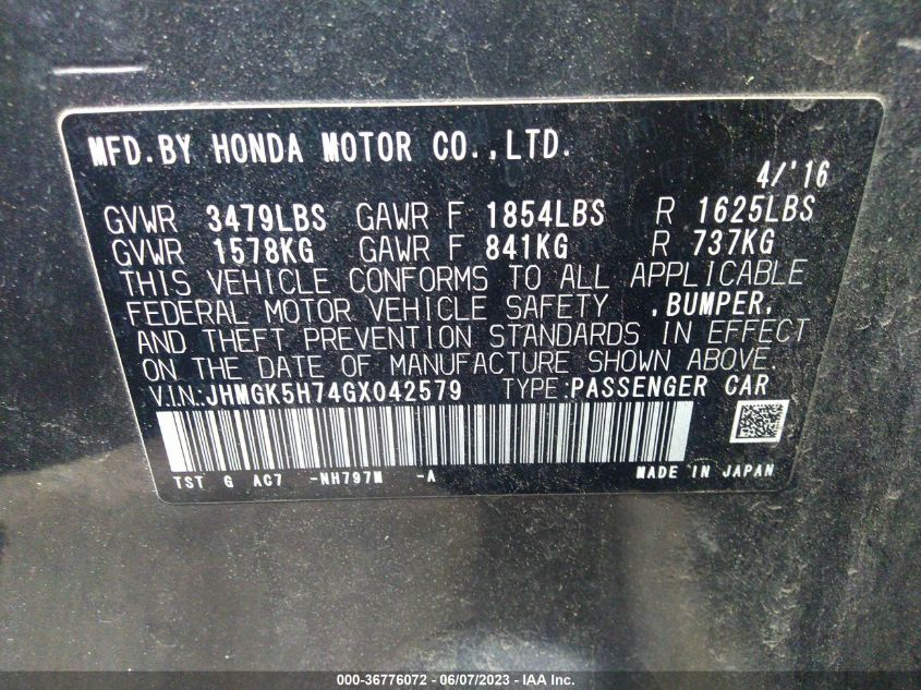 2016 HONDA FIT EX/EXL - JHMGK5H74GX042579