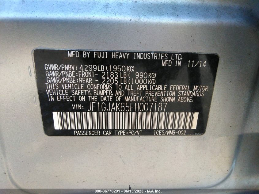 2015 SUBARU IMPREZA SEDAN PREMIUM - JF1GJAK65FH007187