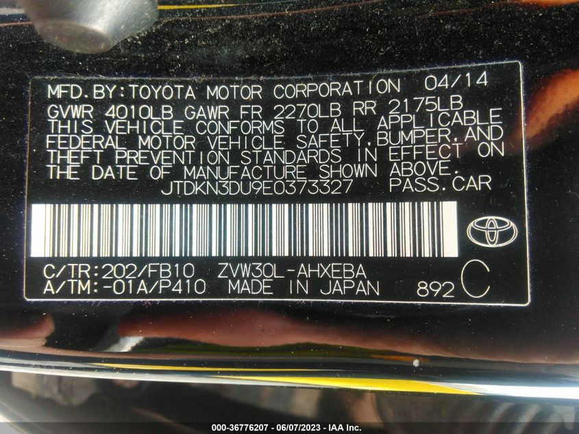2014 TOYOTA PRIUS FOUR/FIVE/THREE/ONE/TWO - JTDKN3DU9E0373327