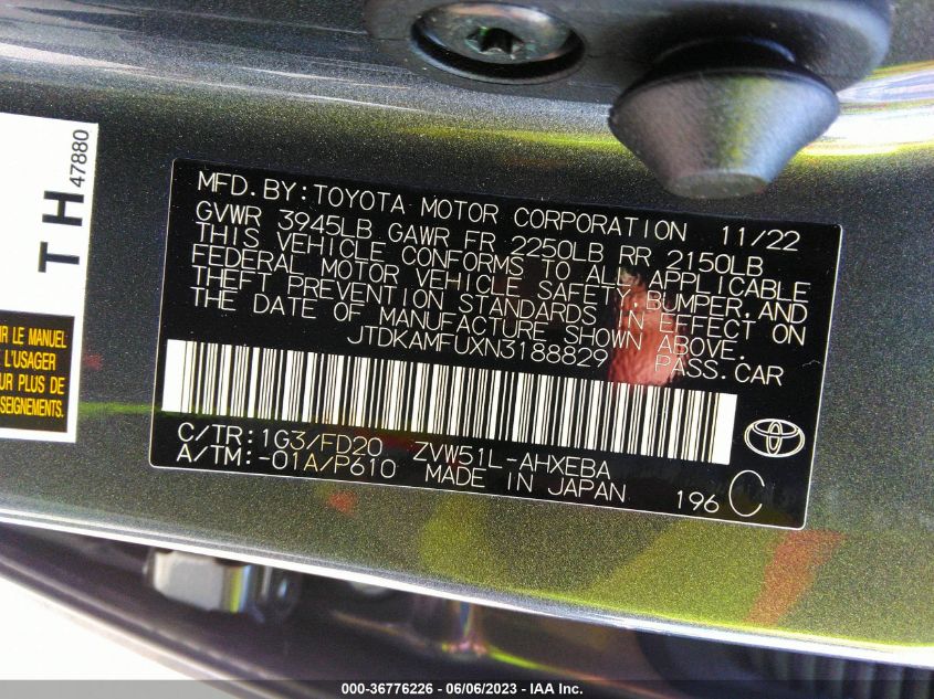 2022 TOYOTA PRIUS L - JTDKAMFUXN3188829
