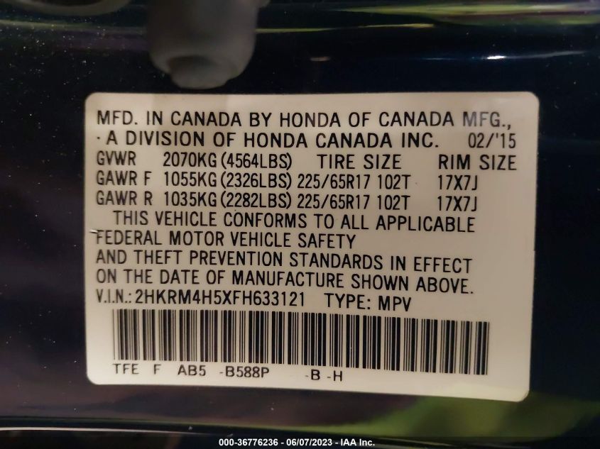 2015 HONDA CR-V EX - 2HKRM4H5XFH633121