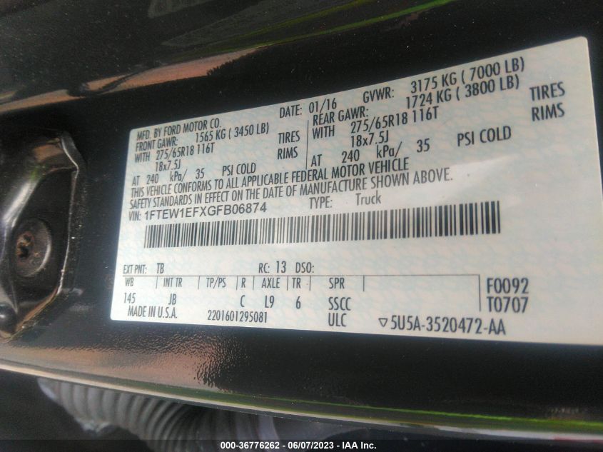 2016 FORD F-150 XLT/XL/LARIAT/PLATINUM - 1FTEW1EFXGFB06874