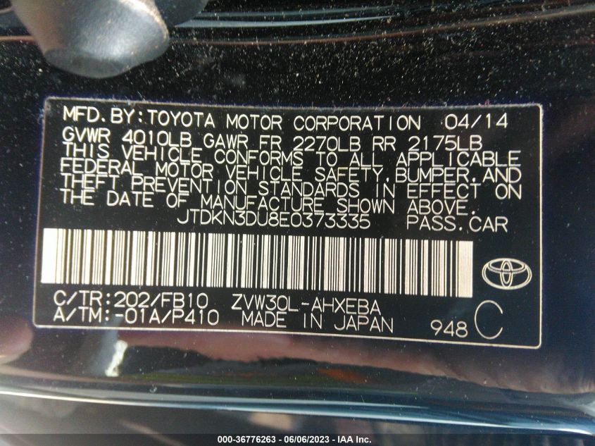 2014 TOYOTA PRIUS FOUR/FIVE/THREE/ONE/TWO - JTDKN3DU8E0373335