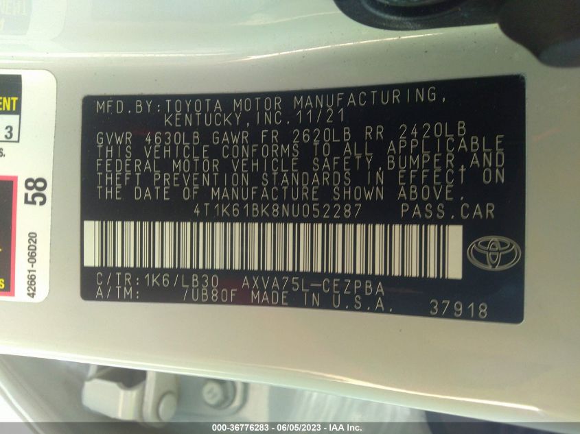 2022 TOYOTA CAMRY XSE - 4T1K61BK8NU052287