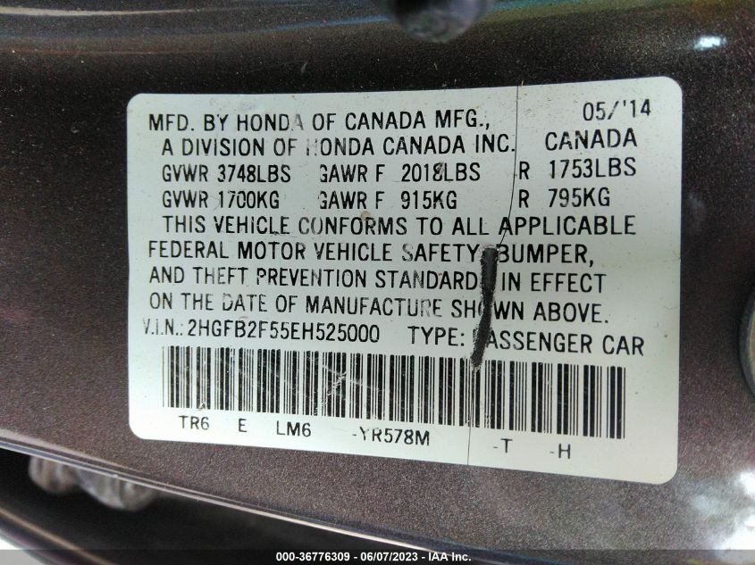 2014 HONDA CIVIC SEDAN LX - 2HGFB2F55EH525000