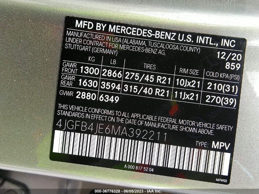 2021 MERCEDES-BENZ GLE - 4JGFB4JE6MA392211