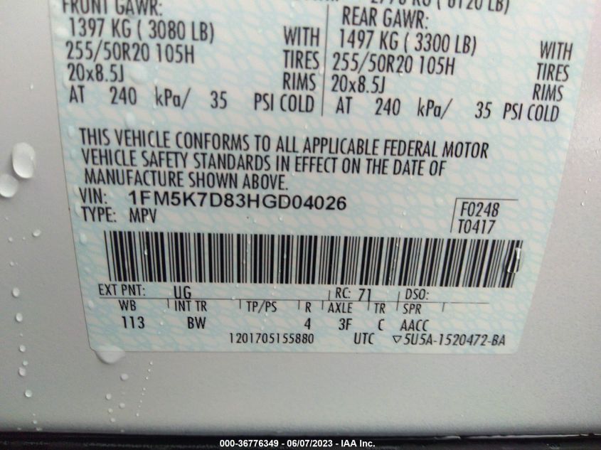 2017 FORD EXPLORER XLT - 1FM5K7D83HGD04026