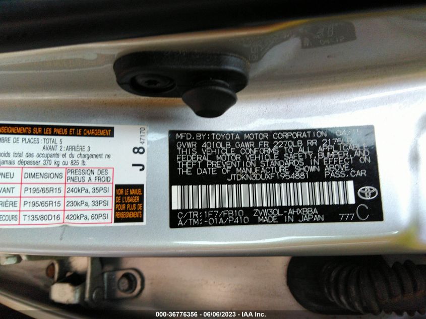 2015 TOYOTA PRIUS - JTDKN3DUXF1954881