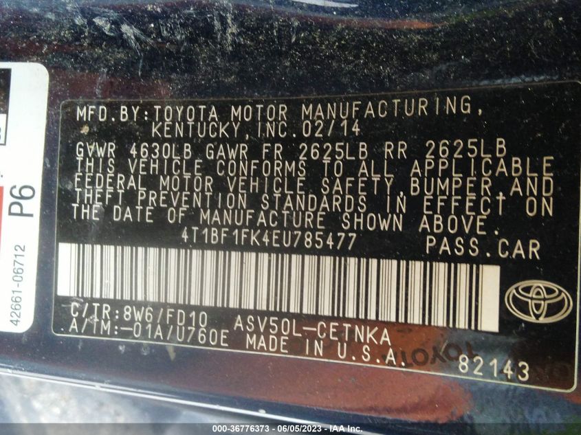 2014 TOYOTA CAMRY L/LE/XLE/SE/SE SPORT - 4T1BF1FK4EU785477