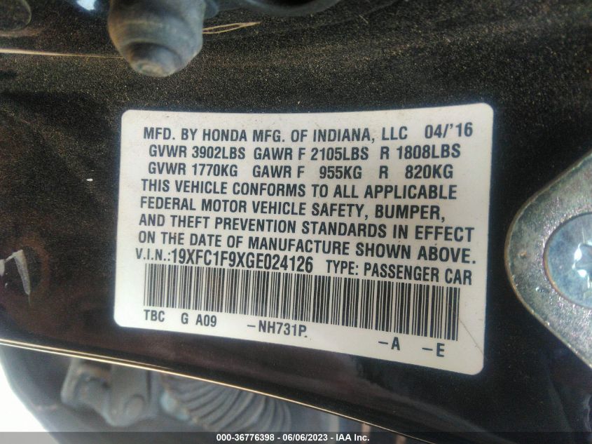 2016 HONDA CIVIC SEDAN TOURING - 19XFC1F9XGE024126