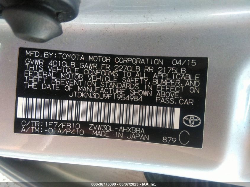 2015 TOYOTA PRIUS - JTDKN3DU9F1954984
