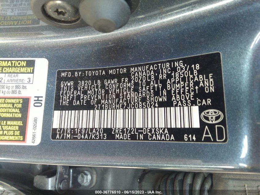 2018 TOYOTA COROLLA L/LE/XLE/SE/XSE - 2T1BURHE7JC085024