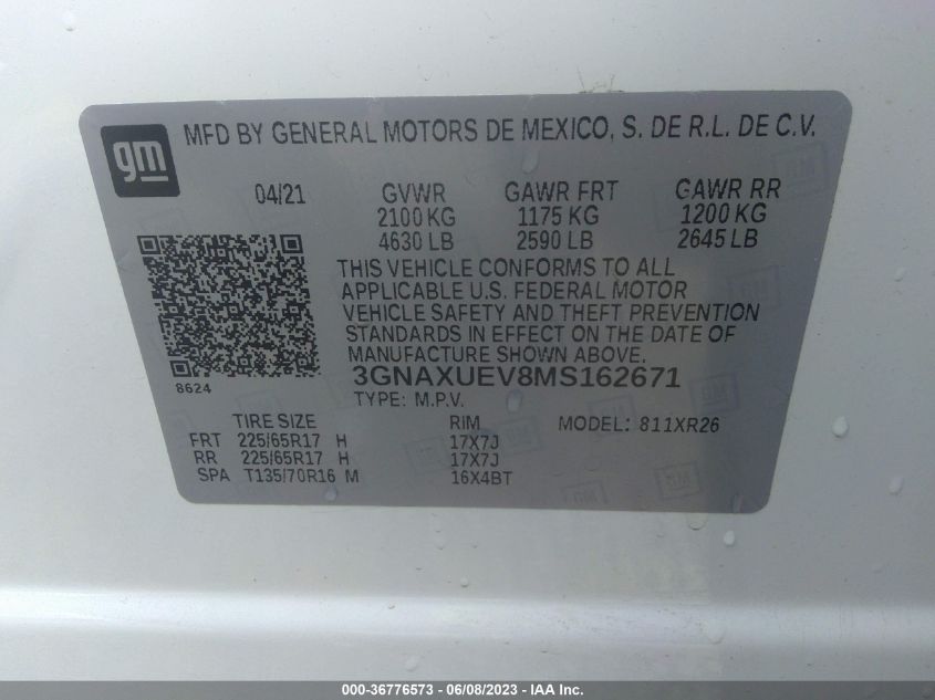 2021 CHEVROLET EQUINOX LT - 3GNAXUEV8MS162671