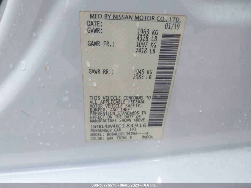 VIN 1N4BL4BV4KC184916 2019 NISSAN ALTIMA 2.5 S