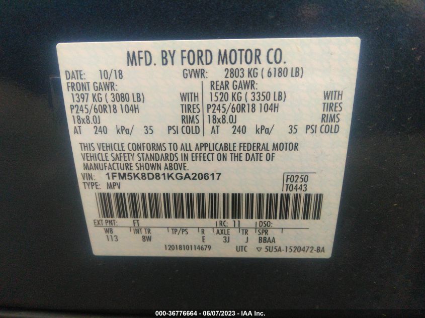 2019 FORD EXPLORER XLT - 1FM5K8D81KGA20617