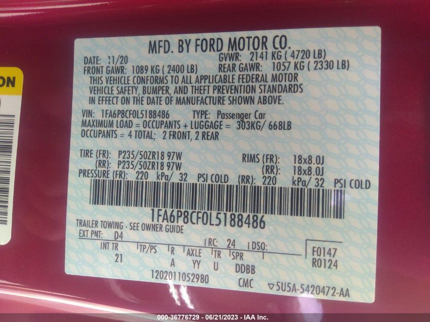 2020 FORD MUSTANG GT - 1FA6P8CF0L5188486