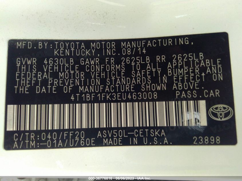 2014 TOYOTA CAMRY L/LE/XLE/SE/SE SPORT - 4T1BF1FK3EU463008