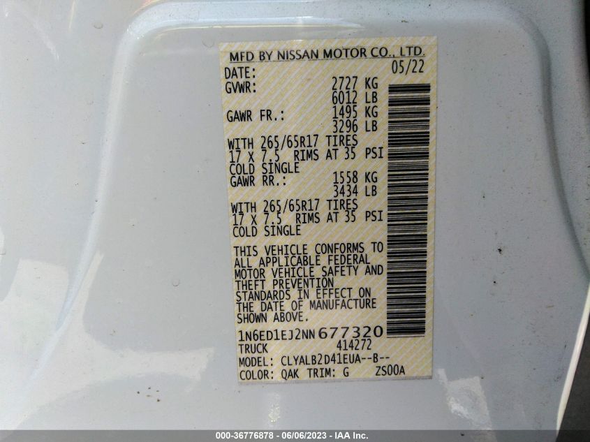 2022 NISSAN FRONTIER SV - 1N6ED1EJ2NN677320