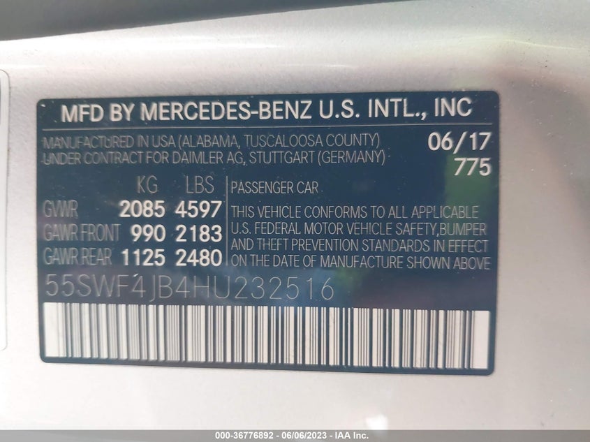 VIN 55SWF4JB4HU232516 2017 MERCEDES-BENZ C-CLASS C 300