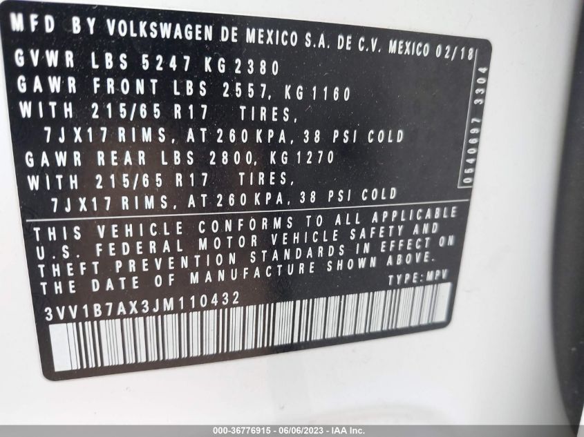 2018 VOLKSWAGEN TIGUAN S - 3VV1B7AX3JM110432