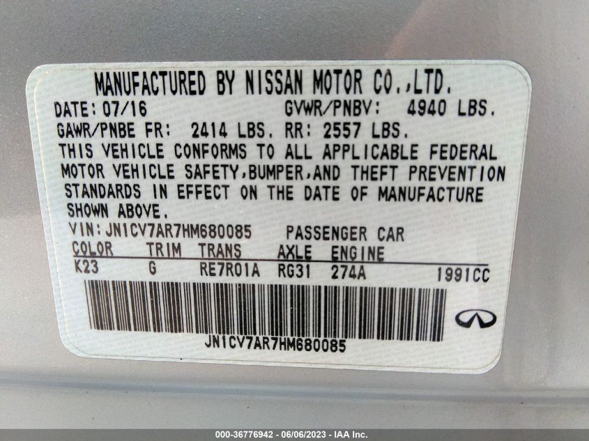 2017 INFINITI Q50 PREMIUM - JN1CV7AR7HM680085